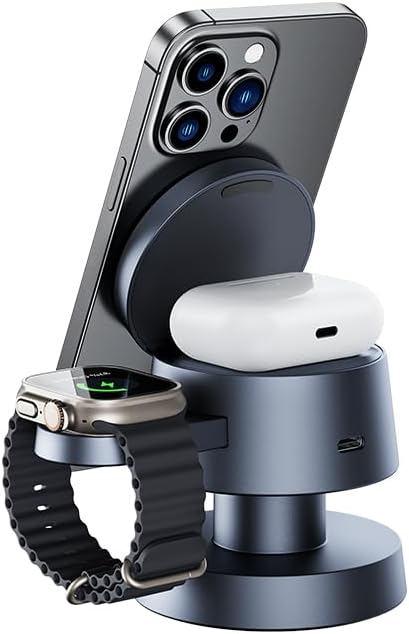4 in 1 Magnetic Wireless Charging Station,15W Fast Charging with Adjustable Night Light for MagSafe Charger Stand,3 in 1 Wireless Charger for iPhone 17/16/15/14/13 Pro Max,Apple Watch & AirPods