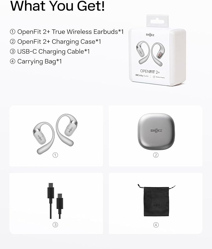 SHOKZ New OpenFit 2+ Open-Ear Headphones, Dolby Audio Enabled, Comfortable Earbuds with Soft Ear Hooks, 48H Playtime, IP55 Water-Resistant, USB-C Fast Charging, Wireless Charging, Carrying Bag, Grey