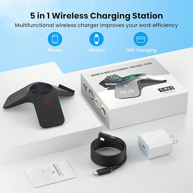 YLF 5-in-1 Wireless Charger station - Fast Charging Wireless Charging Stand with Adapter,Samsung Wireless Charger with 7-Color LED and Bluetooth Clock for iPhone 15/15 Pro/14/13/12,Apple Watch,AirPods