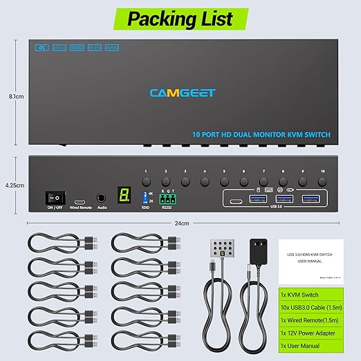 10 Port 8 Port 2 Monitors KVM Switch HDMI 4K@60Hz EDID Simulation, USB 3.0 Dual Monitor KVM Switch 2 Monitors 8 Computers 10 Computers,4 USB3.0 Ports, Audio,RS232,Wired Remote,12V Power,10 USB Cables