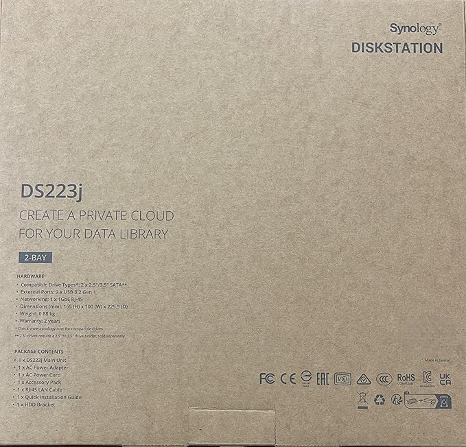 Synology DS223j 2-Bay Diskstation NAS (Realtek RTD1619B 4-Core 1.7 GHz 1GB DDR4 Ram 1xRJ-45 1GbE LAN-Port) 12TB Bundle with 2X 6TB WD Red Plus