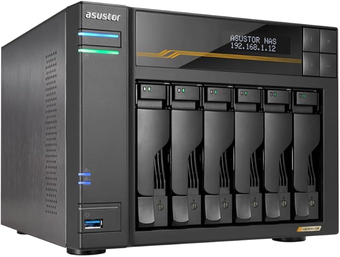 Asustor Lockerstor 6 Gen3 AS6806T 6 Bay NAS, AMD Ryzen Quad-Core 2.3GHz, 16GB ECC DDR5, 4 M.2 NVMe Slots, Dual 5GbE and 10GbE, Network Attached Storage for Video & Content Creator (Diskless)