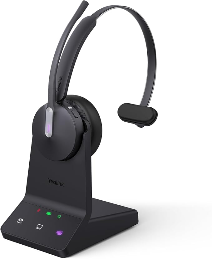 Yealink WH64 DECT & Bluetooth Mono Teams Wireless Headset, 606ft Long Range Work Headphones 3X Noise Cancelling Mic, 26H Calls, Ringtone, Office Single On Ear Headsets (DeskPhone,Laptop,PC,Cellphone)