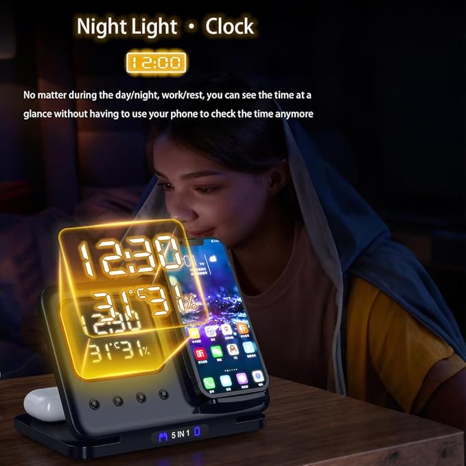 IHAO 5in1 Multi Functional Wireless Charging Station with Digital Clock 15W Fast Charge Night Light Temperature Display Wireless Charger for All Qi Phone and TWS Headphone Compliant with Apple Watch