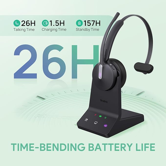 Yealink WH64 DECT & Bluetooth Mono Teams Wireless Headset, 606ft Long Range Work Headphones 3X Noise Cancelling Mic, 26H Calls, Ringtone, Office Single On Ear Headsets (DeskPhone,Laptop,PC,Cellphone)