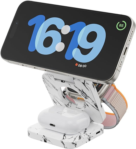 KU XIU Fast Wireless Charger, Magnetic Foldable 3 in 1 Charging Station for iPhone 17/16/15/14/13/12 Pro/Plus/Pro Max, 5W Portable Charger for Apple Watch9/8/7/6/5/4/SE, for Airpods