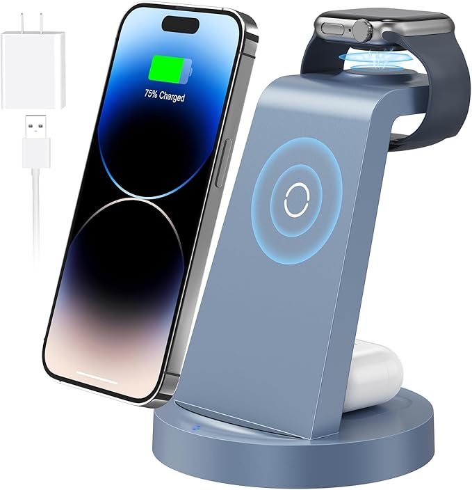 3 in 1 Charging Station for Apple Device, Wireless Charger for iPhone 16 15 14 13 12 11 Pro Max & Apple Watch iwatch- Charging Stand Dock for AirPods
