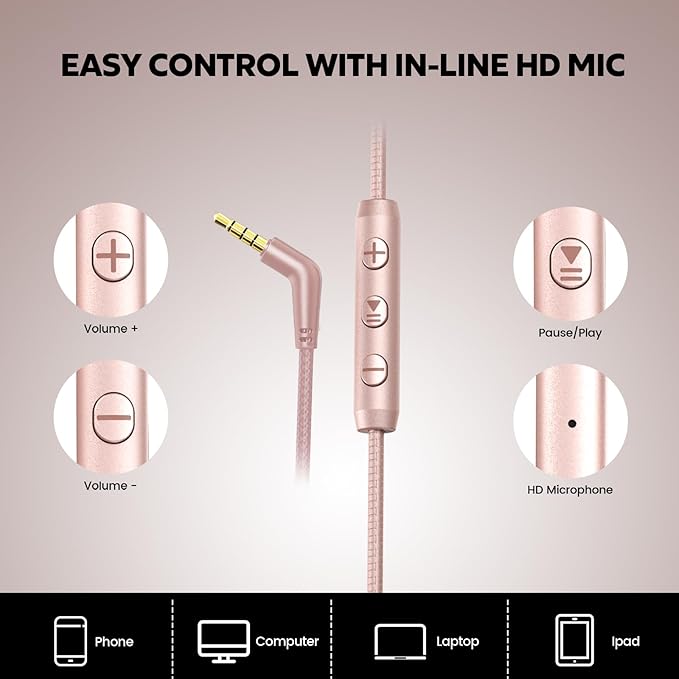 Over Ear Headphones Wired, Foldable 3.5mm Wired Headphones with Microphone, Volume Control, HD Stereo Sound, Lightweight Headphones for Adult/Teens/Chromebooks/Laptop/Computer/Tablets, Rose
