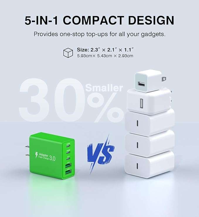 2 Pack 60W USB C Fast Charger Block,5-Port Type C Wall Charger Brick,2 USB A & 3 USB C PD3.0 Power Adapter Multiport Charging Plug Box for iPhone 13/14/15/16/17,Pad Mini/Pro, Cellphones(Green)