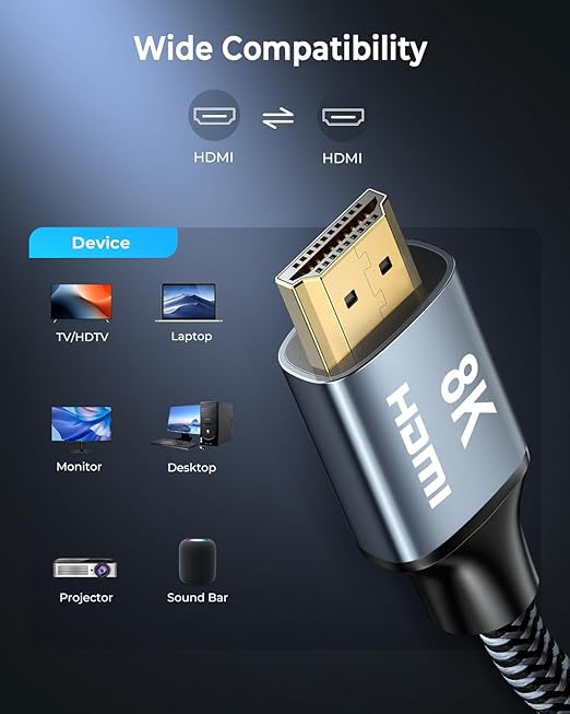 8K HDMI Cable 10 ft 2Pack, 48Gbps High Speed HDMI 2.1 Cable, Braided HDMI Cable 2.1 8K 60Hz 4K 120Hz Support for HDR eARC HDCP 2.2/2.3, HDMI Cord Compatible with HDTV, Laptop, Monitor, PC