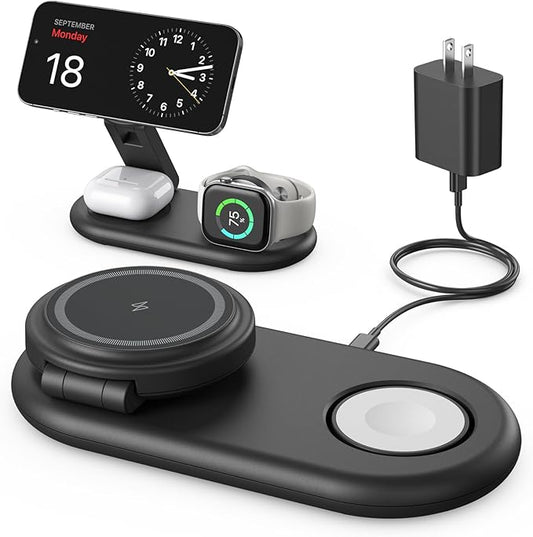 3 in 1 Charging Station for Apple Compatible with MagSafe Charger Stand,Foldable Fast Magnetic Travel Wireless Charger Dock for iPhone 17/16/15/14/13 Series,for Apple Watch,for AirPods (Black)