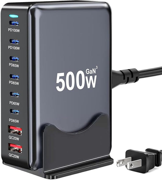 500W USB C Charger Block, 8-Port Fast USB Charging Station Dual PD 100W GaN Ⅲ Pro Charging Station For Multiple Devices, Laptop Charger Adapter Compatible with MacBook, DELL, iPad, iPhone, Samsung etc