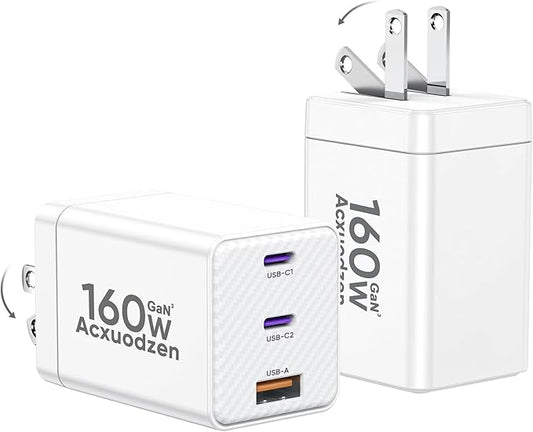[2 Pack] USB C Charger Block 160W, 3-Port GaN Super Fast Charger, Dual 65W Type C Charging Block, Foldable QC3.0 Laptop Fast Charging for MacBook, iPhone, Samsung, Galaxy, iPad, Android, White