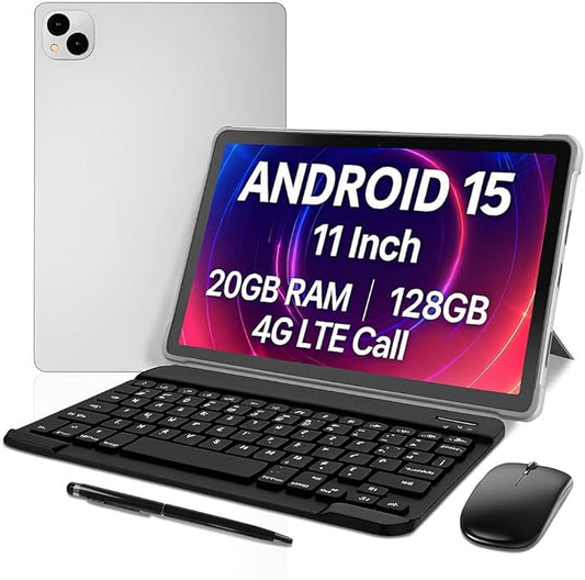 Android 15 Tablet 11 Inch, 6+14GB RAM 128GB Storage, 4G LTE Call, Octa-Core, 8000mAh, 13MP+5MP Camera, Dual SIM, WiFi, Bluetooth, Face Unlock – Work & Entertainment Tablet (Silver)