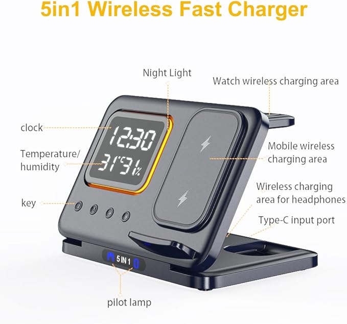 IHAO 5in1 Multi Functional Wireless Charging Station with Digital Clock 15W Fast Charge Night Light Temperature Display Wireless Charger for All Qi Phone and TWS Headphone Compliant with Apple Watch