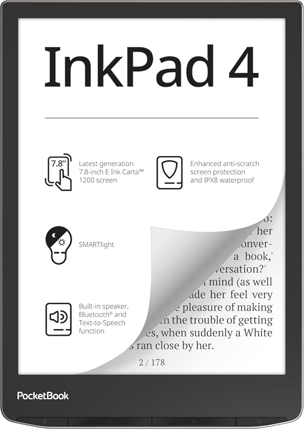 PocketBook InkPad 4 | Eye-Friendly Audio & E-Book Reader | Large 7.8ʺ E-Ink Display | Anti-Scratch Protection | Text-to-Speech Function | Bluetooth® | Built-in Speaker | SMARTlight | IPX8 Waterproof