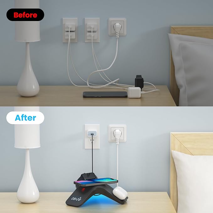 YLF 5-in-1 Wireless Charger station - Fast Charging Wireless Charging Stand with Adapter,Samsung Wireless Charger with 7-Color LED and Bluetooth Clock for iPhone 15/15 Pro/14/13/12,Apple Watch,AirPods