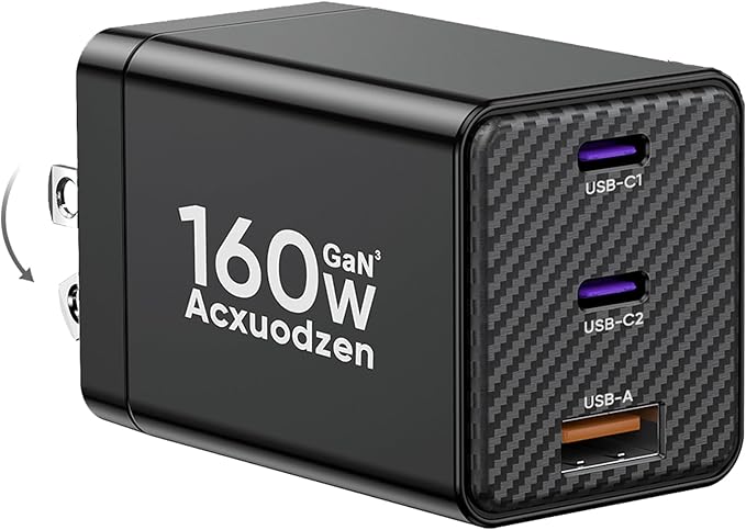 USB C Charger Block 160W, 3-Port GaN Super Fast Charger, Dual 65W Type C Charging Block, Foldable QC3.0 Laptop Fast Charging for MacBook, iPhone, Samsung, Galaxy, iPad, Android (Black, 1 Pack)