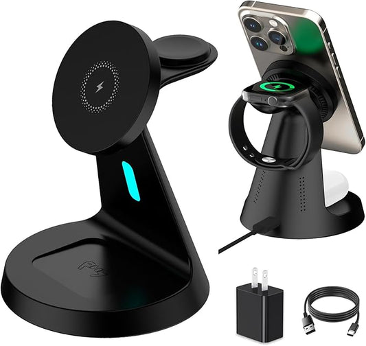 Wireless Charger Compatible with Mag-Safe,3 in 1 Charging Station for iPhone17/16/15/14/13/12 Series, Apple Watch,AirPods,15W Fast Charging (USB-C Adapter Included)