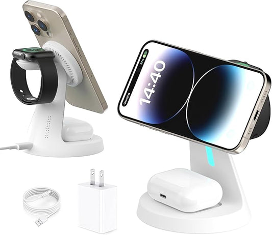 Wireless Charger Compatible with Mag-Safe,3 in 1 Charging Station for iPhone17/16/15/14/13/12 Series, Apple Watch,AirPods,15W Fast Charging (Adapter Included)
