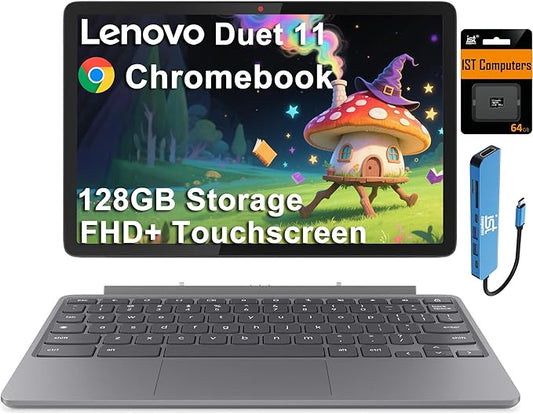 Lenovo Chromebook Duet 3 Gen 9 11" FHD+ 2-in-1 Touchscreen Tablet Laptop (8-Core MediaTek Kompanio 838, 4GB, 128GB Storage (64GB+64GB SD), Detachable Keyboard) 8MP Webcam, IST HUB, Wi-Fi 6, Chrome OS