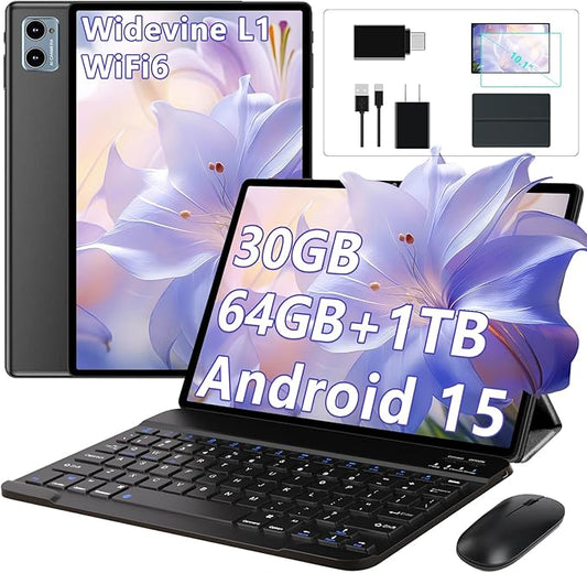 10 Inch Tablet Android 15 Tablets with Keyboard, 30GB 64GB 1TB Expand Tab PC with 2.0GHz Octa-Core, 8MP Camera, 6000mAh, GMS, WiFi 6, BT 5.0, FHD Display, Widevine L1, Gemini AI (Black)