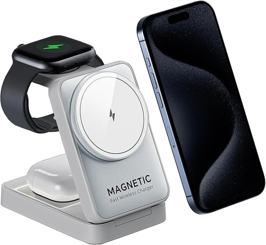 2025 Upgraded 3-in-1 Wireless Charger for iPhone,Travel Magnetic Charger Stand Nightlight Foldable Wireless Charging Station Compatible with Magsafe Charger&iPhone 16/15/14/13/12,Apple Watch&AirPods