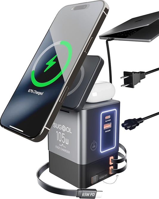 105W GaN Retractable Charger, 6-in-1 Charging Station with Magnetic Pad – MagSafe Compatible, USB-C Fast Charging for iPhone, AirPods, MacBook, Apple Watch, and Other Phones, Tablets, Laptops