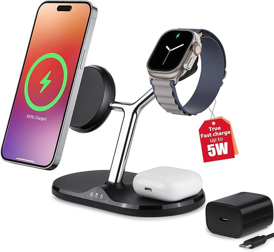 3-in-1 Wireless Charging Station for Apple Devices - Fast Charging Station for iPhone and Watch with MagSafe, Stable Charger Stand for iPhone 12-15 & iPhone 16 & iWatch & AirPods