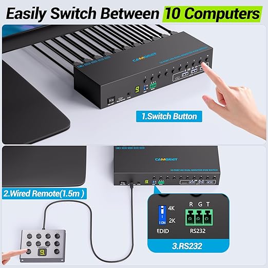 10 Port 8 Port 2 Monitors KVM Switch HDMI 4K@60Hz EDID Simulation, USB 3.0 Dual Monitor KVM Switch 2 Monitors 8 Computers 10 Computers,4 USB3.0 Ports, Audio,RS232,Wired Remote,12V Power,10 USB Cables