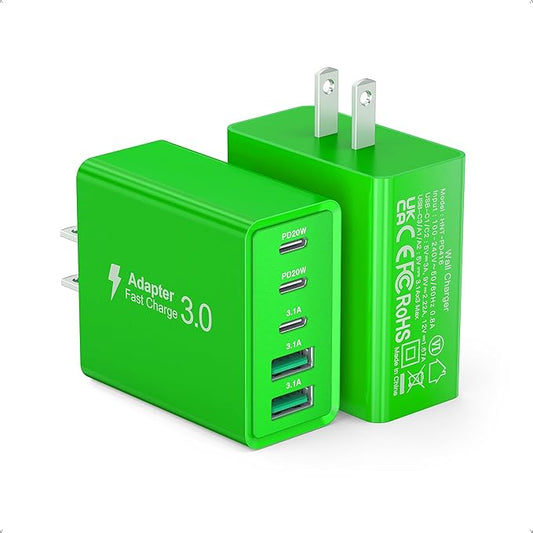 2 Pack 60W USB C Fast Charger Block,5-Port Type C Wall Charger Brick,2 USB A & 3 USB C PD3.0 Power Adapter Multiport Charging Plug Box for iPhone 13/14/15/16/17,Pad Mini/Pro, Cellphones(Green)