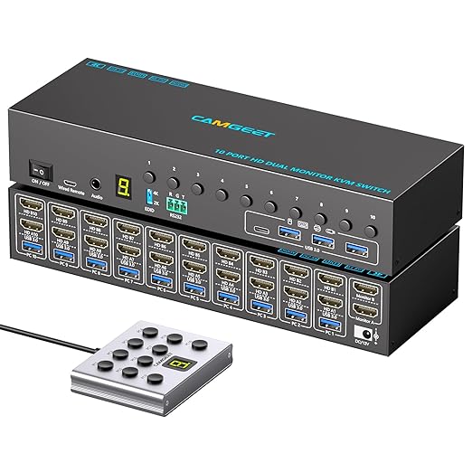 10 Port 8 Port 2 Monitors KVM Switch HDMI 4K@60Hz EDID Simulation, USB 3.0 Dual Monitor KVM Switch 2 Monitors 8 Computers 10 Computers,4 USB3.0 Ports, Audio,RS232,Wired Remote,12V Power,10 USB Cables