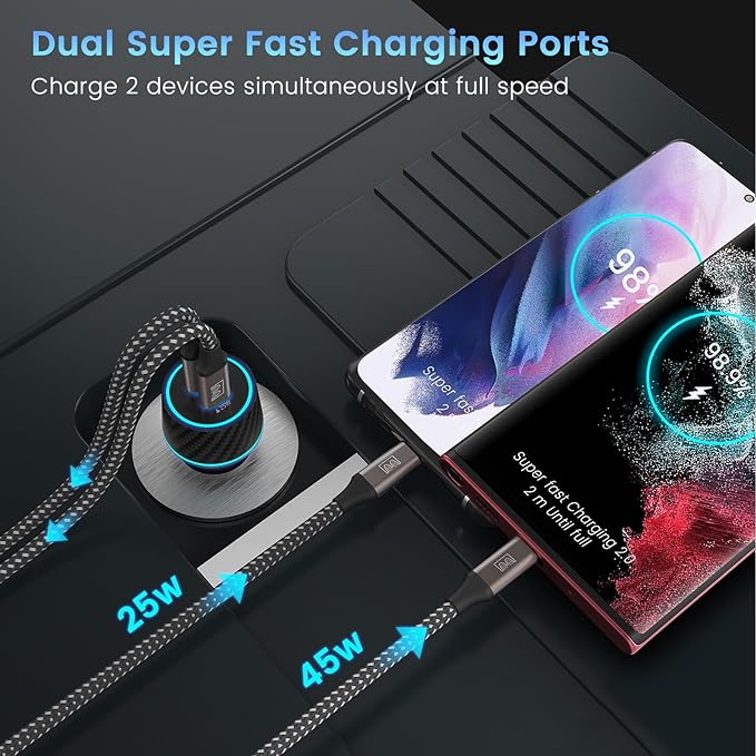 45W USB-C Charger, 2-Pack 45 Watt Super Fast Charger Type C PPS Wall/Car Charger for Galaxy S24 Ultra/S24+/S23 Ultra/S23+/S23/S22 Ultra/Note 10+, Tab S9 (6.6FT+3.3FT 5A Type C Cable)