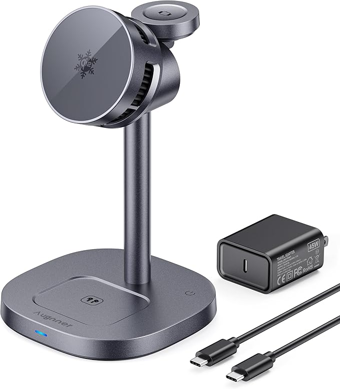 2025 New Magnetic Wireless Charger Stand with TEC Active Cooling, 15W Qi2-Certified 3 in 1 Charging Station for Apple Charger Stand, Wireless Charger for iPhone17/16/15/14/13/12, Apple Watch, AirPods