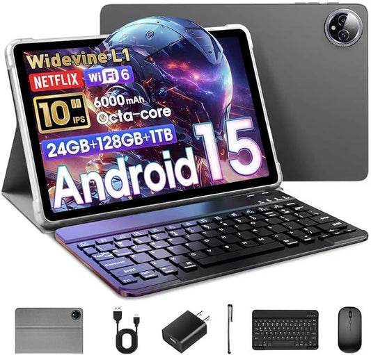 10 Inch Tablet Android 15 with Keyboard, 24GB RAM + 128GB ROM (1TB Expand), T615 Octa-Core, 1280x800 IPS HD Display, 5MP+8MP Dual Camera, 6000mAh, Mouse, Widevine L1, GPS