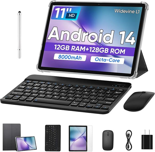 Android Tablet 11 inch Android 14 Tablet,12GB RAM+128GB ROM, Octa-Core Tablets with Keyboard, GPS, 8000mAh, 800x1280 FHD Display, Dual Camera, WiFi, Bluetooth (Black)