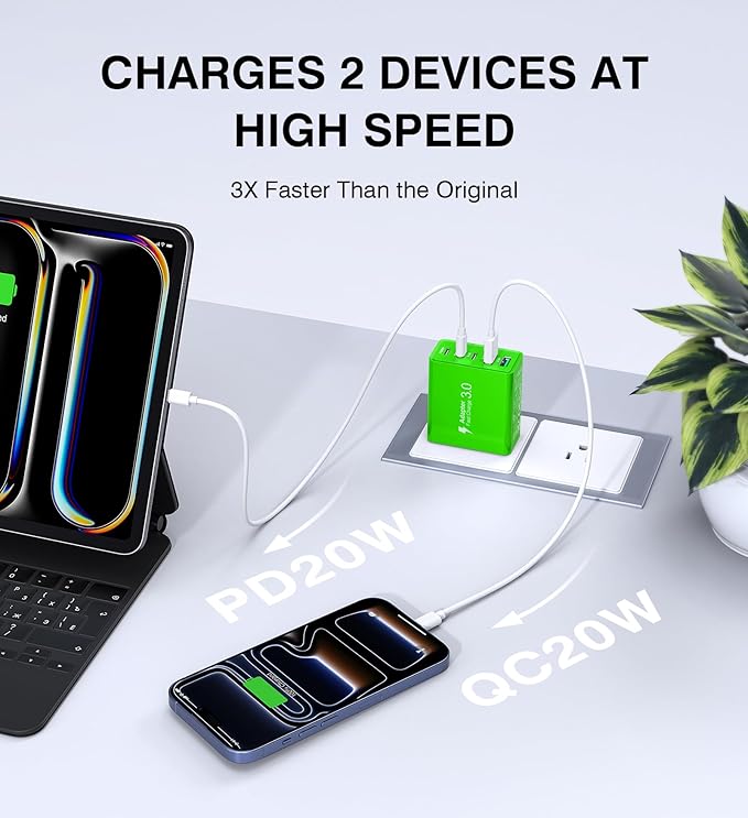 2 Pack 60W USB C Fast Charger Block,5-Port Type C Wall Charger Brick,2 USB A & 3 USB C PD3.0 Power Adapter Multiport Charging Plug Box for iPhone 13/14/15/16/17,Pad Mini/Pro, Cellphones(Green)