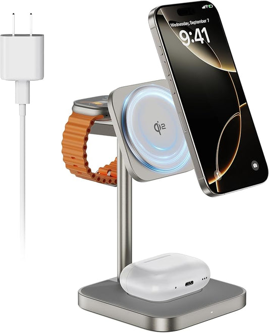[Qi2 Certified ] LULULOOK 3 in 1 Charging Station with MagSafe, 15W QI2 Wireless Charger Stand Magnetic Charger for iPhone 17/16/15/14/13/12 Series, AirPods Pro/3/4, Apple Watch with 30W PD Adapter