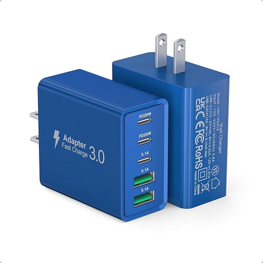 60W USB C Fast Charger Cube,2 Pack PD+QC Charging Block Power Adapter 5 Port Wall Mount Plug for iPhone 17 16 15 14 13, Motorola, LG, Google Pixel 6a/6 Pro/6/5a/5/4/4A Box Brick (Dark Blue)