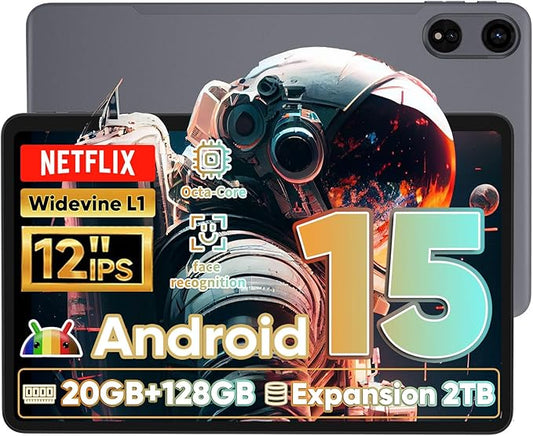 Tablet 12 Inch, Android 15 Tablet, 20GB RAM 128GB ROM 2TB Expand, Tablets with IPS 1200 * 2000,2K Display, T615 Octa Core CPU, 5MP+13MP, Widevine L1, 8000mAh Battery, BT5.2, GPS, 2.4G/5G WiFi (Black)