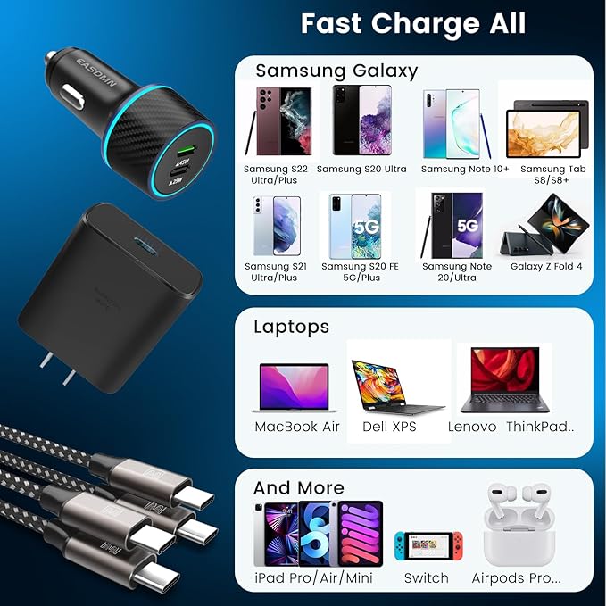 45W USB-C Charger, 2-Pack 45 Watt Super Fast Charger Type C PPS Wall/Car Charger for Galaxy S24 Ultra/S24+/S23 Ultra/S23+/S23/S22 Ultra/Note 10+, Tab S9 (6.6FT+3.3FT 5A Type C Cable)