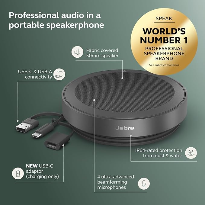Jabra Speak2 75 (2025 Edition) Wireless Bluetooth Speakerphone - 4 Noise-Cancelling Mics, 65mm Speakers - New Linking Feature - USB-C Dongle - Certified for Zoom and Google Meet - Dark Grey