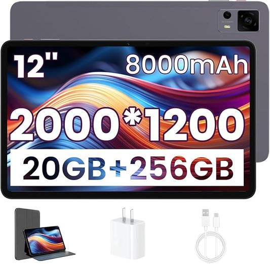 Android Tablet, 12 Inch Tablet with 2K IPS Display & Case, Octa-Core up to 2 GHz, 20GB RAM 256GB ROM 1TB Expand, 8000mAh, 20W Fast Charger, Dual-Band WiFi, Support GPS Face Unlock Widevine L1