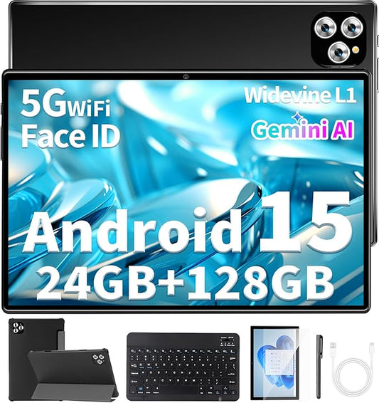 10 inch Android 15 Tablet with Keyboard - 24GB(4+20) RAM+128GB ROM(1TB Expand), 2-in-1 Tablets with 8-Core, 7200mAh, 5G WiFi, Widevine L1, GMS, with Case, Keyboard, Stylus (Black)
