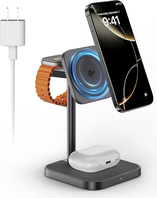 [Qi2 Certified ] LULULOOK 3 in 1 Charging Station with MagSafe, 15W QI2 Wireless Charger Stand Magnetic Charger for iPhone 17/16/15/14/13/12 Series, AirPods Pro/3/4, Apple Watch with 30W PD Adapter