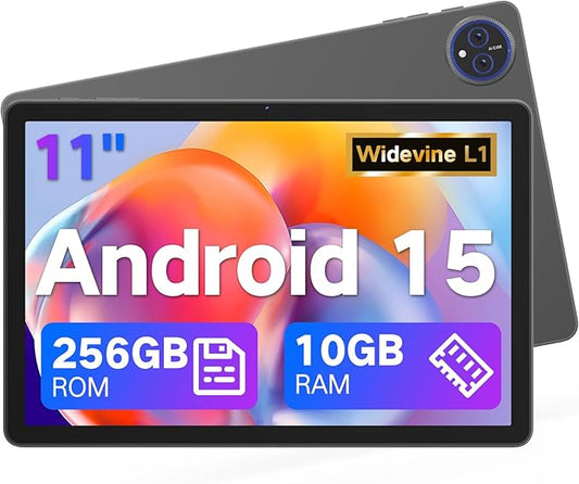 JUNYANG 11" Android 15 Tablet, 256GB ROM + 10GB RAM, Octa-Core, HD IPS Touchscreen, WiFi 6, USB OTG, Dual Cameras, Widevine L1, 8000mAh Battery – Lightweight Tablet for Gaming, Entertainment & Work