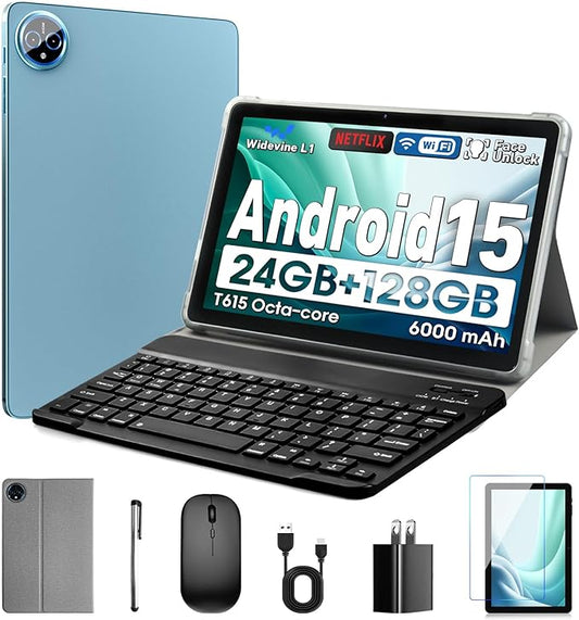 10 Inch Tablet, Android 15 with 24GB RAM + 128GB ROM (1TB Expandable), Octa-Core, 1280x800 IPS HD Touchscreen, 5MP+8MP Dual Camera, 6000mAh, Tablet with Keyboard, Mouse, Widevine L1(Blue)