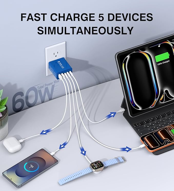 60W USB C Fast Charger Cube,2 Pack PD+QC Charging Block Power Adapter 5 Port Wall Mount Plug for iPhone 17 16 15 14 13, Motorola, LG, Google Pixel 6a/6 Pro/6/5a/5/4/4A Box Brick (Dark Blue)