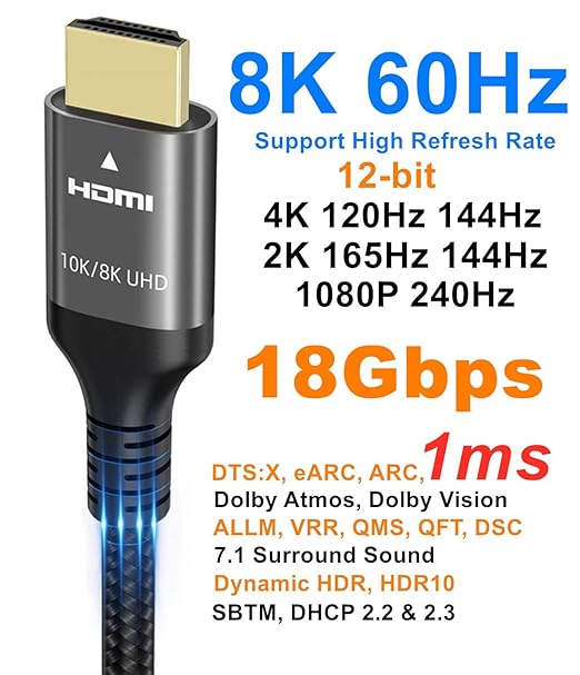 8K HDMI Cable 48Gbps 33 FT, Nylon Braided High Speed HDMI® Cable 4k 120Hz 2k 165Hz 8k 60Hz 12bit eARC ARC Dolby Atmos HDR10+ HDCP2.3 Compatible for Gaming PC TV Soundbar Monitor Mac PS5 Xbox
