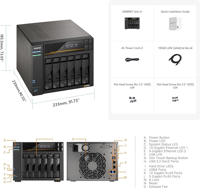 Asustor Lockerstor 6 Gen3 AS6806T 6 Bay NAS, AMD Ryzen Quad-Core 2.3GHz, 16GB ECC DDR5, 4 M.2 NVMe Slots, Dual 5GbE and 10GbE, Network Attached Storage for Video & Content Creator (Diskless)
